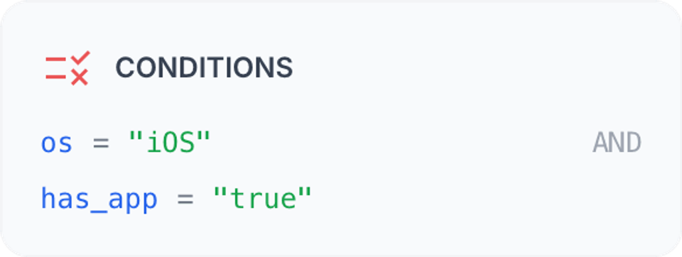 Conditions: os = "iOS" and has_app = "true" → app://open/product/123.