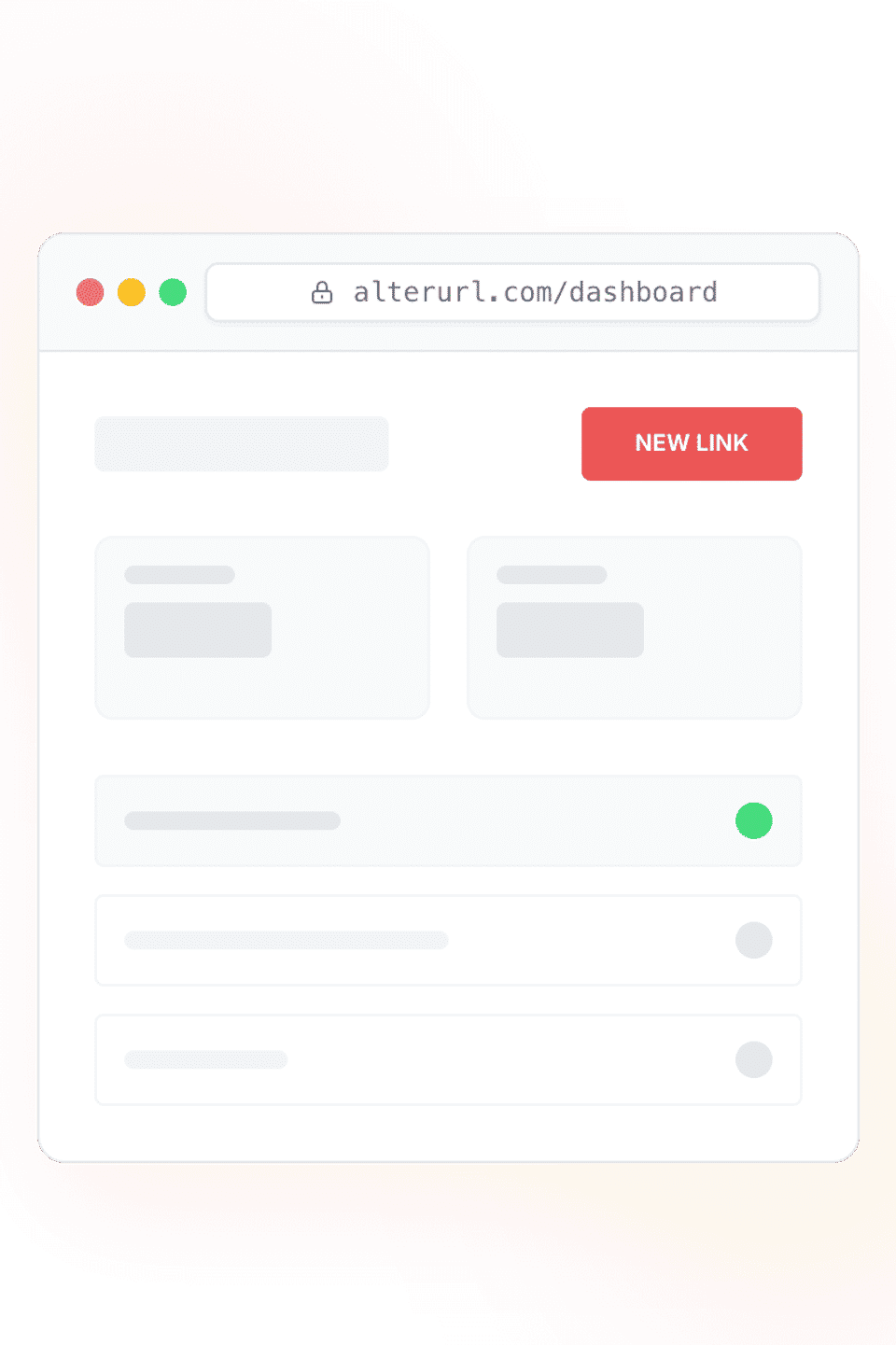 The AlterURL dashboard: a list of links with their status and a New link button.